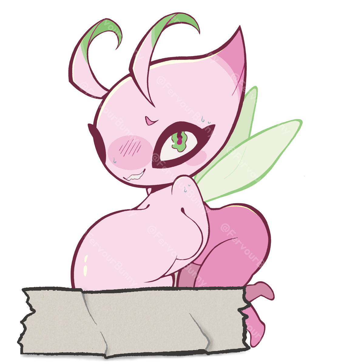 Pink creature with green accents on a white background