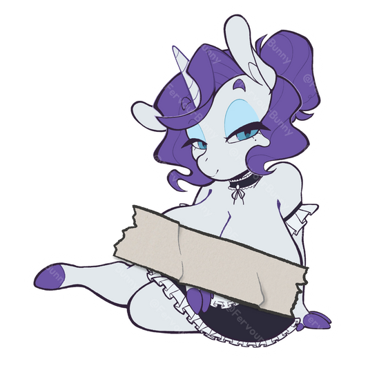 Animated character with purple hair and a white face sitting on a white background