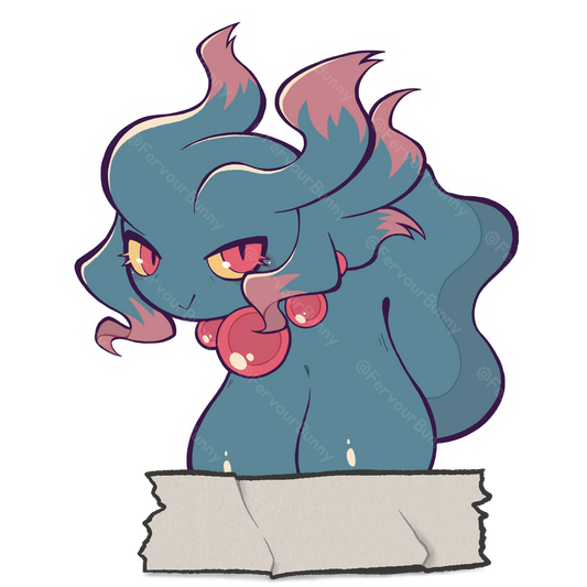 Cartoon character with blue hair and red eyes on a white background