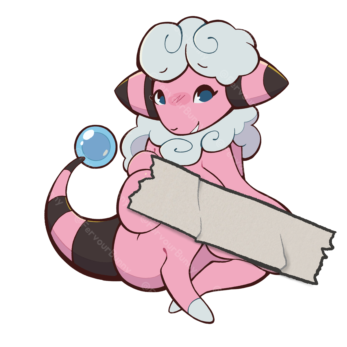 Animated character with pink and white fur, holding a blue crystal and a beige ribbon on a white background