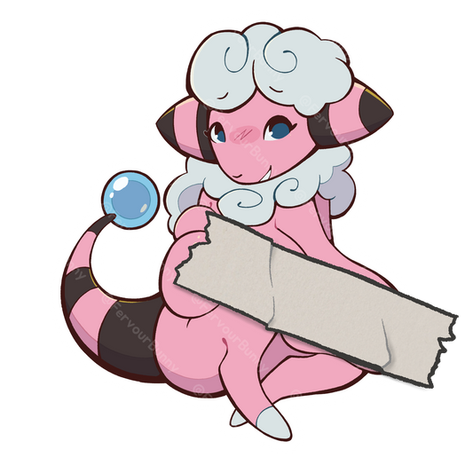 Animated character with pink and white fur, holding a blue crystal and a beige ribbon on a white background