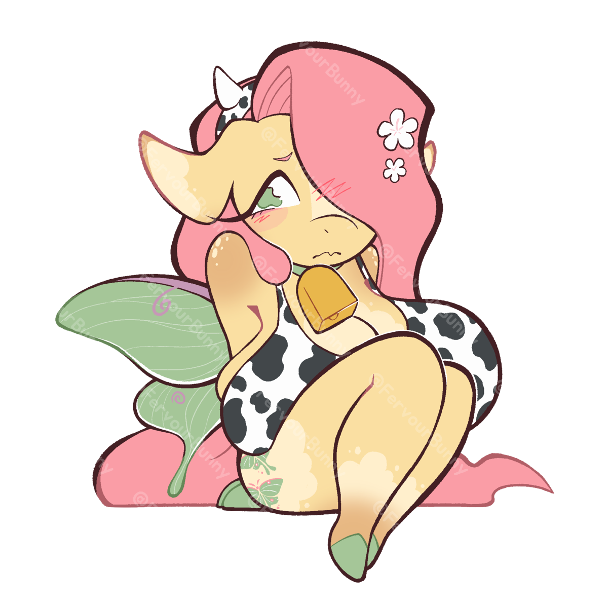 Cartoon character with pink hair and cow print outfit sitting on a white background