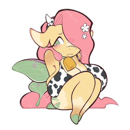 Cartoon character with pink hair and cow print outfit sitting on a white background