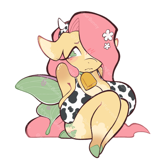 Cartoon character with pink hair and cow print outfit sitting on a white background