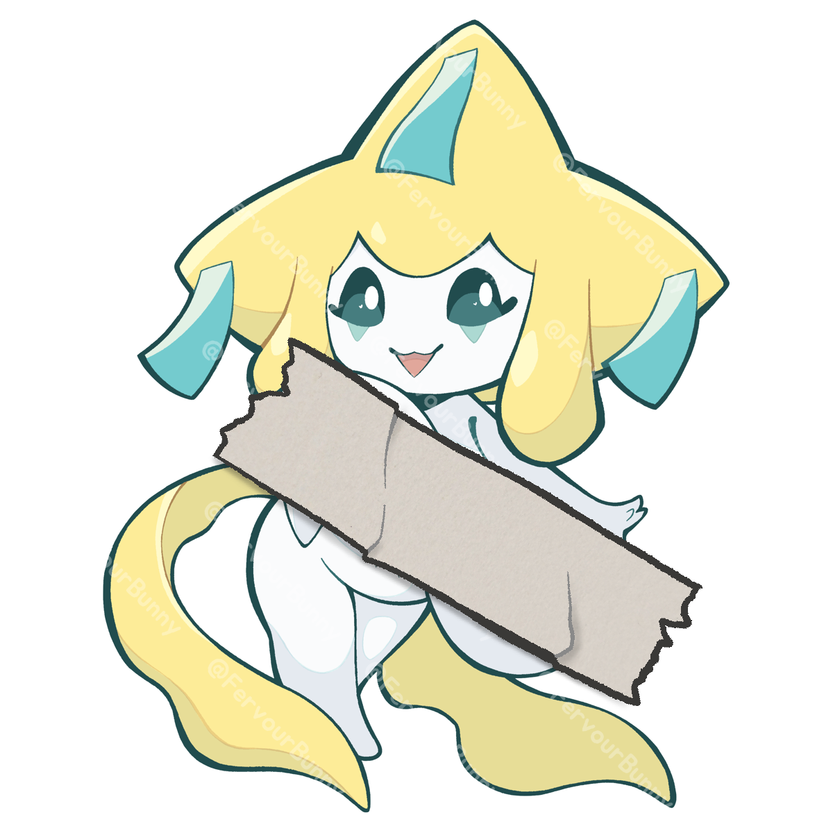 Cartoon character with yellow hair and blue accents on a white background