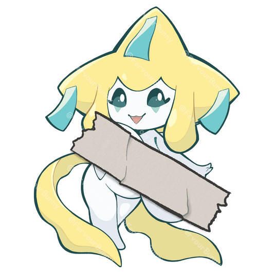 Cartoon character with yellow hair and blue accents on a white background