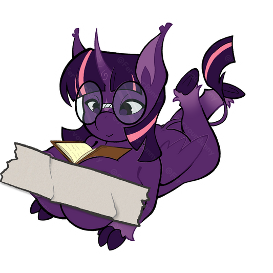Purple pony reading a book on a white background