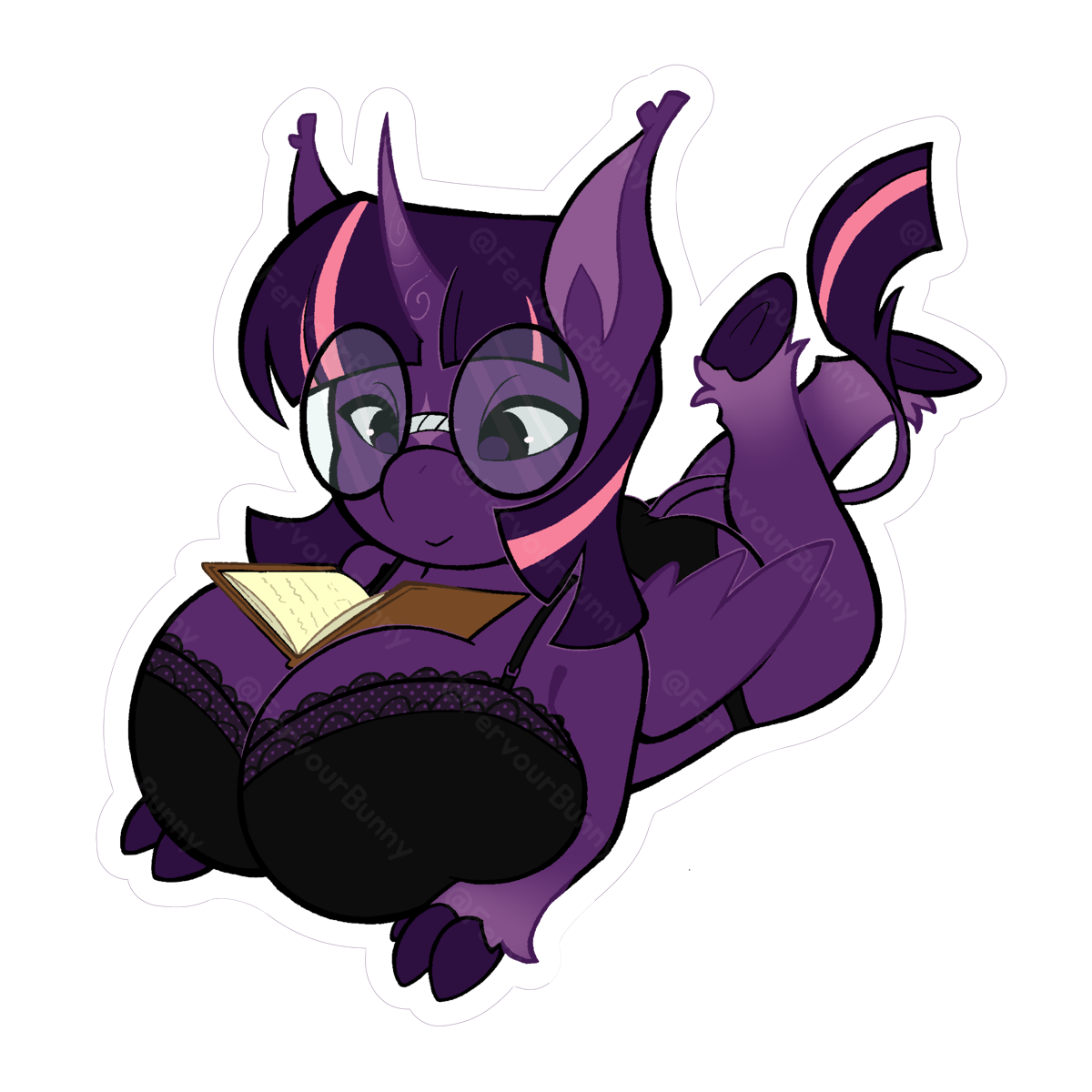 Purple pony creature with pink accents reading a book on a white background