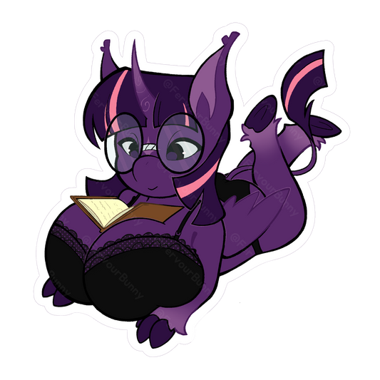 Purple pony creature with pink accents reading a book on a white background