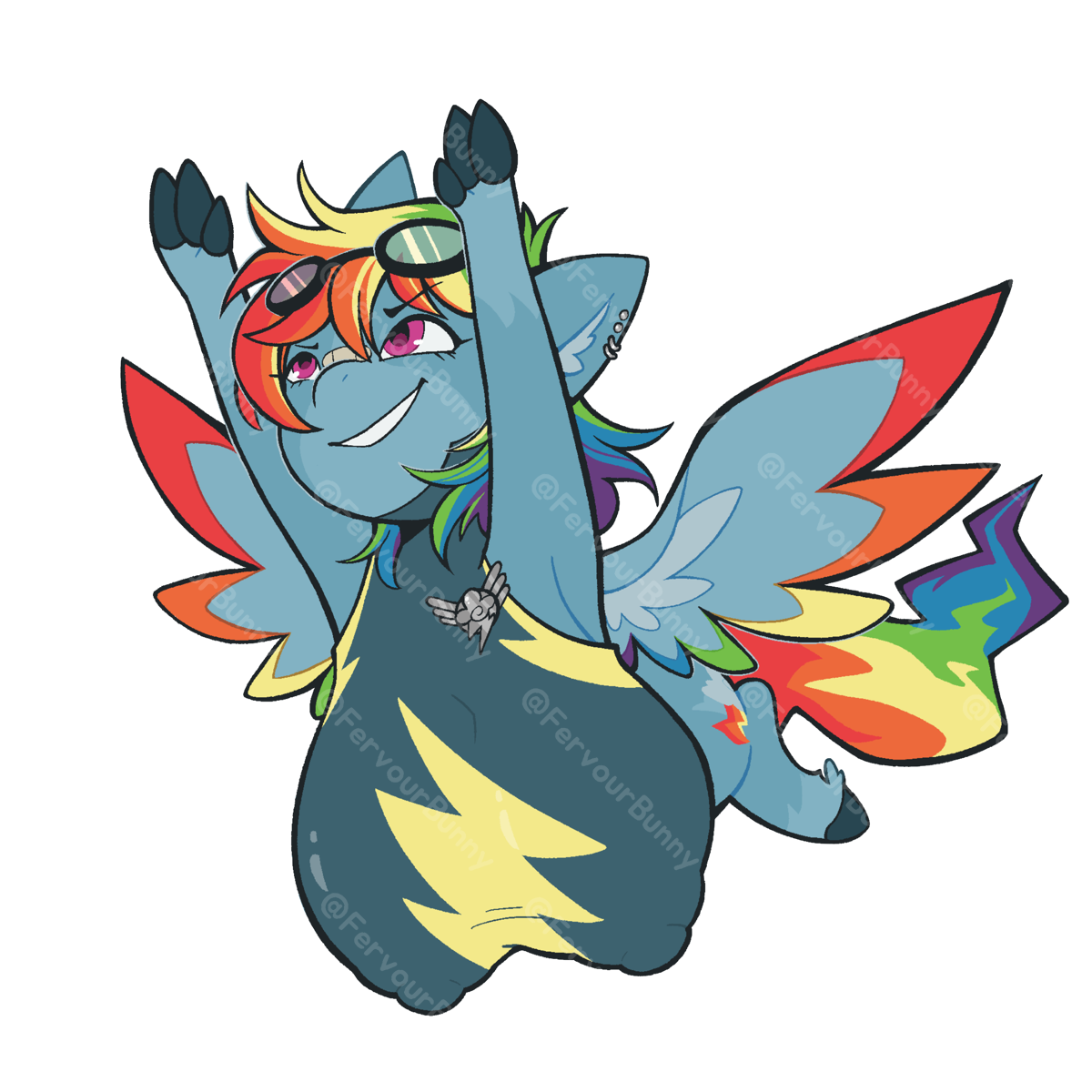 Colorful cartoon character with rainbow hair and wings on a white background