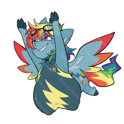 Colorful cartoon character with rainbow hair and wings on a white background