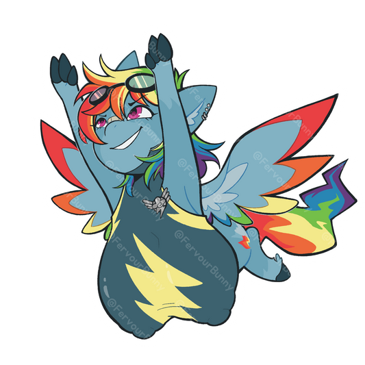 Colorful cartoon character with rainbow hair and wings on a white background