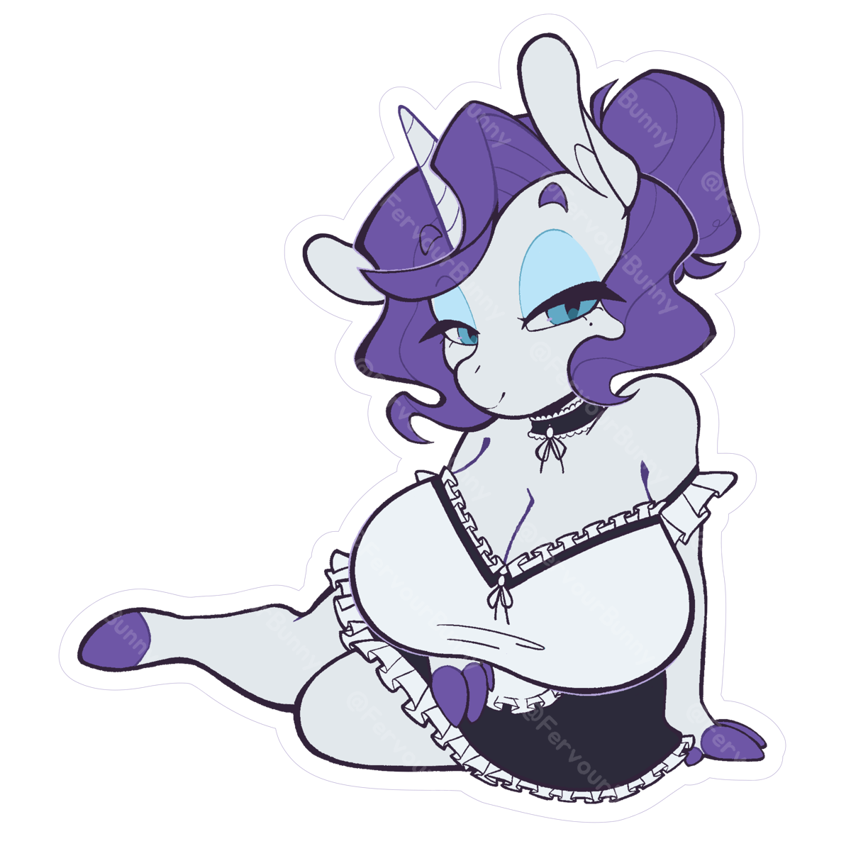 Cartoon character with purple hair and a white outfit on a white background