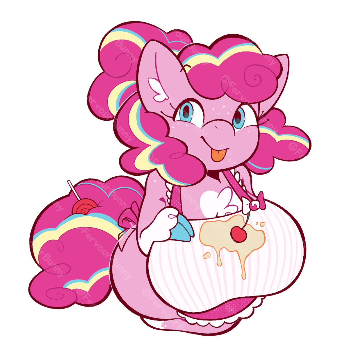 Cartoon character with pink hair and outfit, holding a cake with cherry on top.