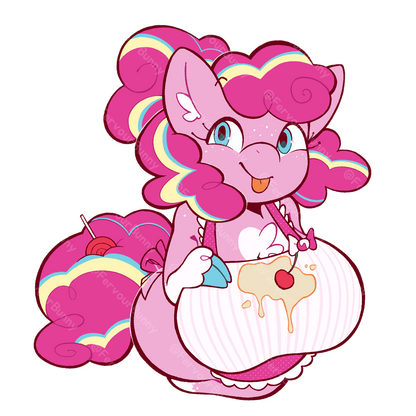 Cartoon character with pink hair and outfit, holding a cake with cherry on top.