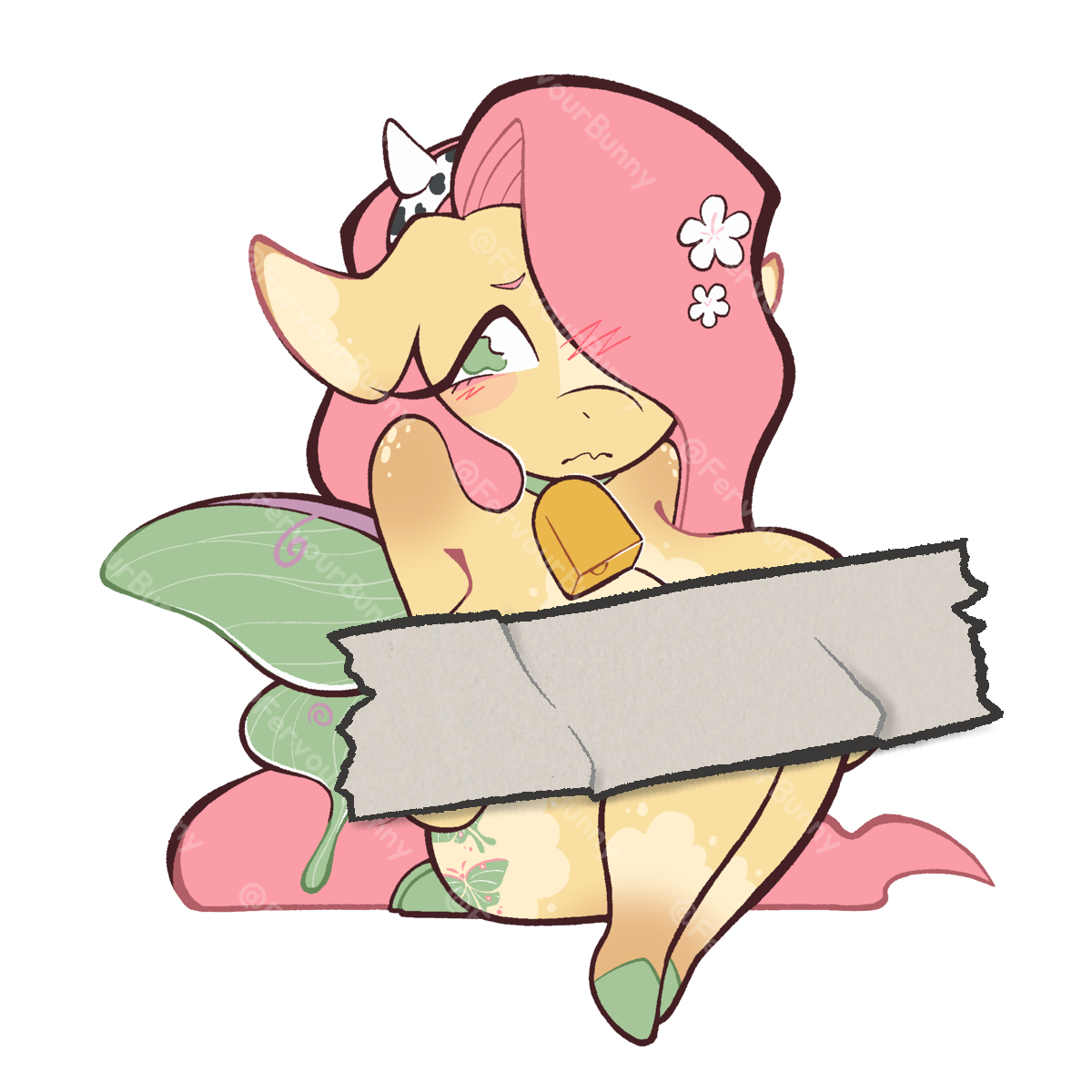 Cartoon character with pink hair and fairy wings on a white background